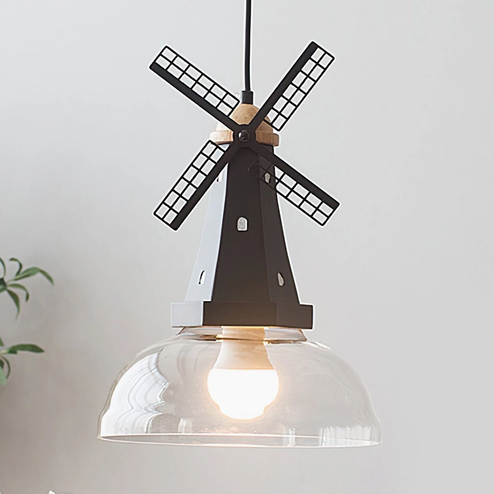 Windmill pendant light black frame with clear glass shade showing industrial modern aesthetic