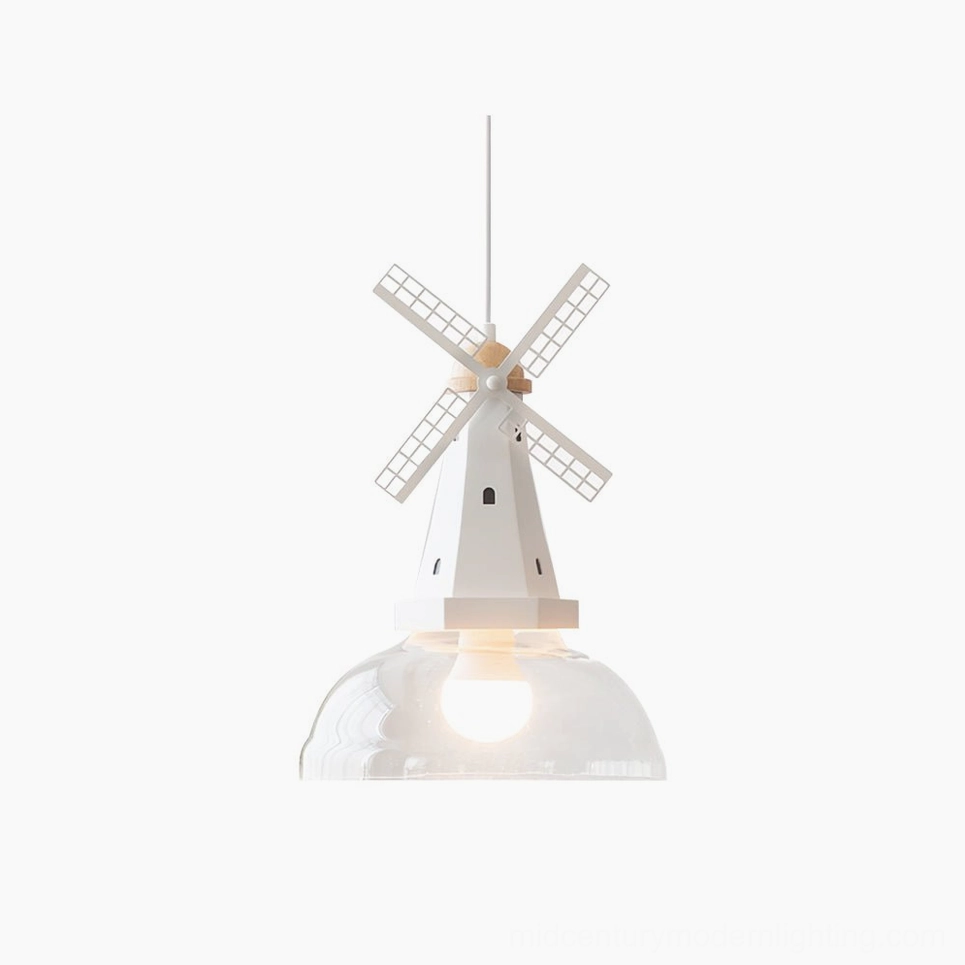 Windmill pendant light front view with clear glass shade and natural wood top accent on white background