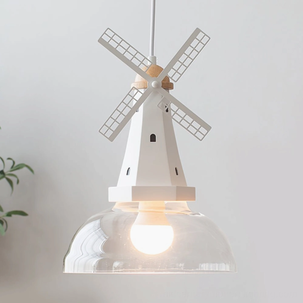 Windmill geometric pendant lamp illuminated in modern interior with plant decor and grid blade design