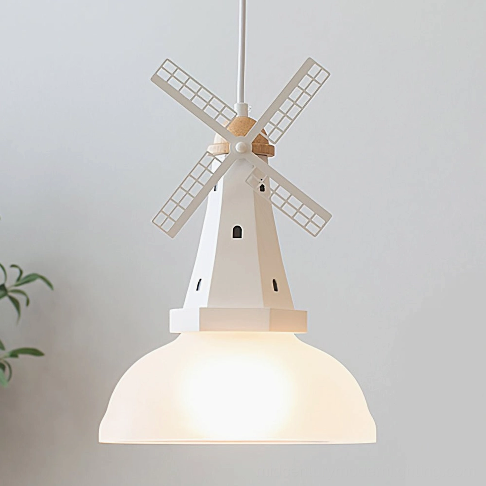 Windmill pendant light white and white lampshade combination in contemporary living space