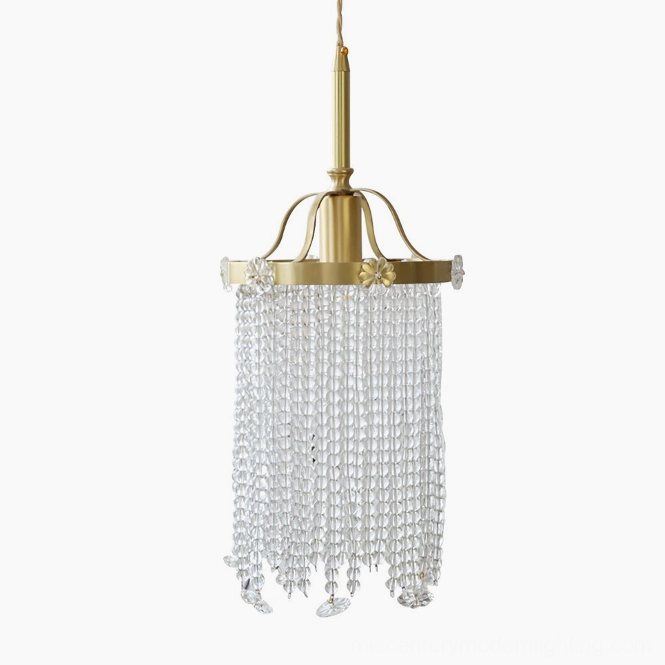Winham brass crystal pendant light with clear glass beads and teardrop crystal ends on white studio background
