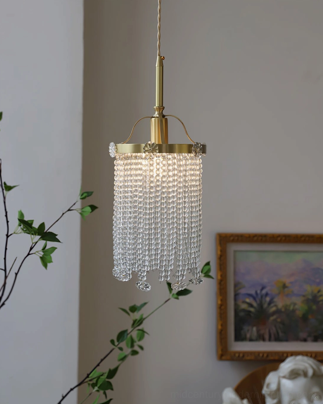 Winham crystal pendant lamp displayed in living room setting with vintage home décor elements and residential ambiance
