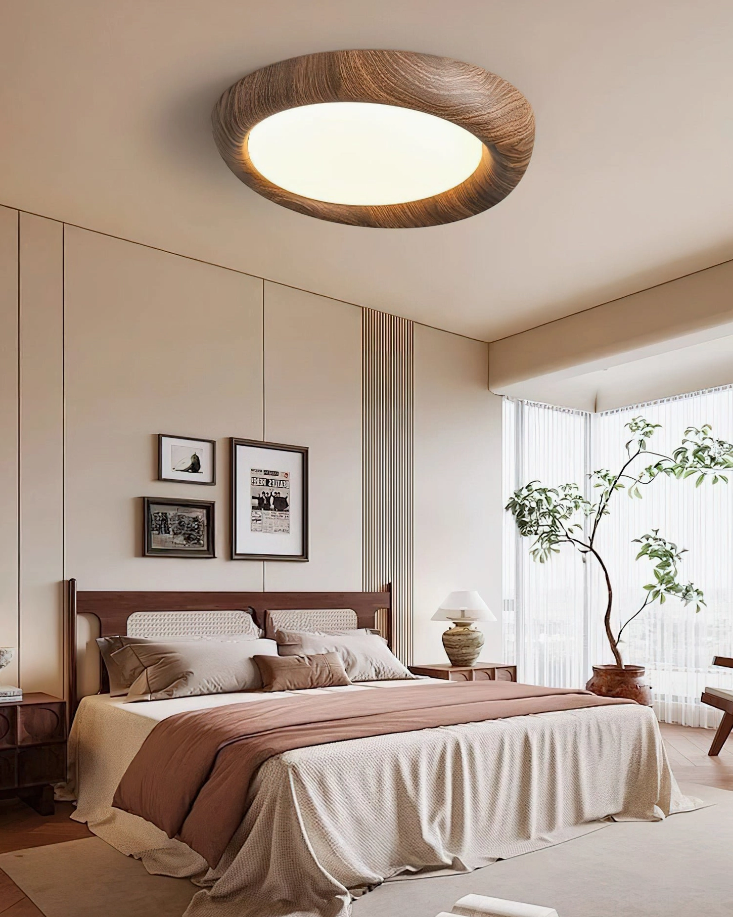 Warm wood grain ceiling fixture illuminating neutral bedroom with minimal design, soft diffused light