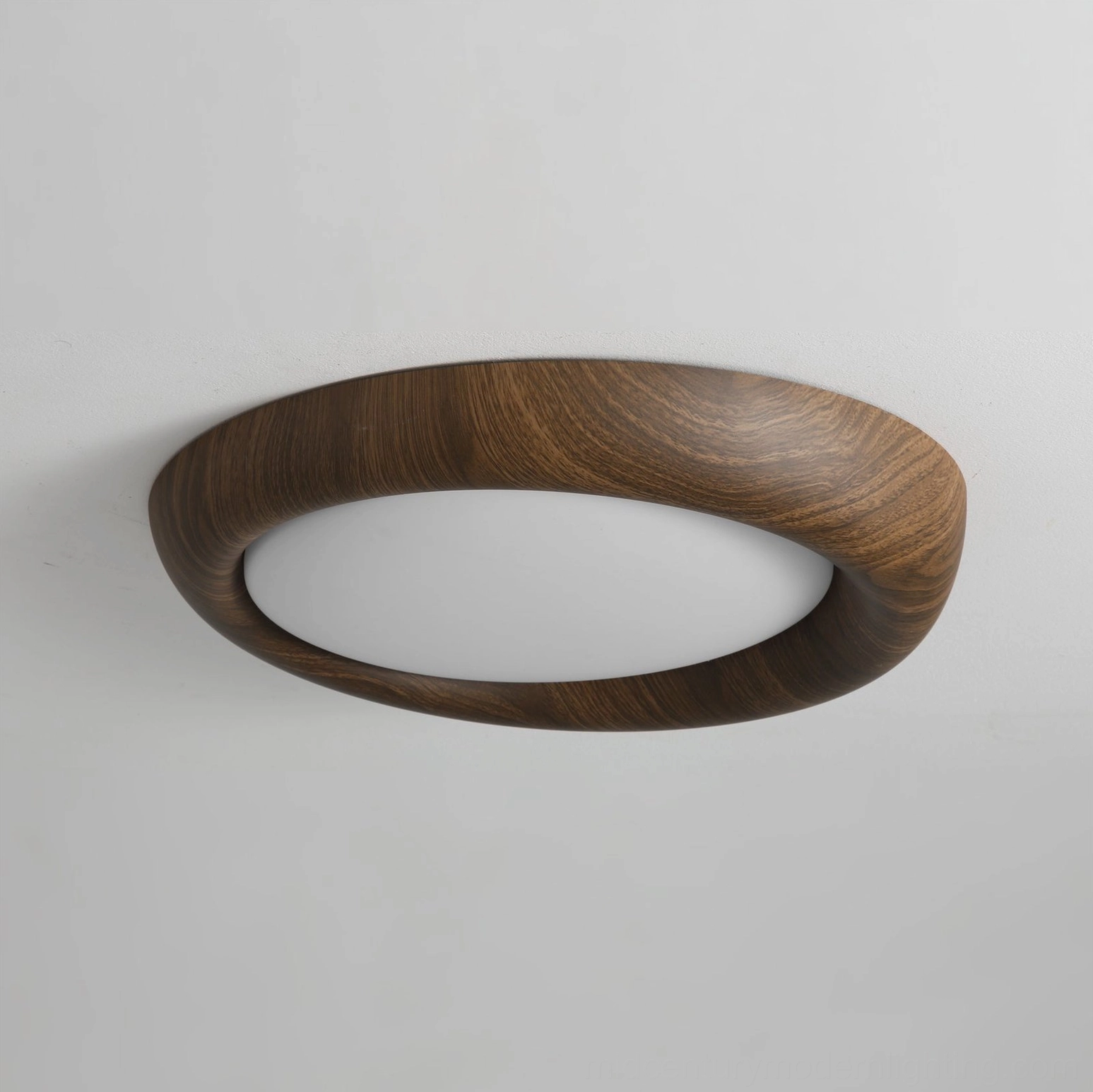 Vikaey wood ceiling light showing organic natural grain pattern and sculptural curved design