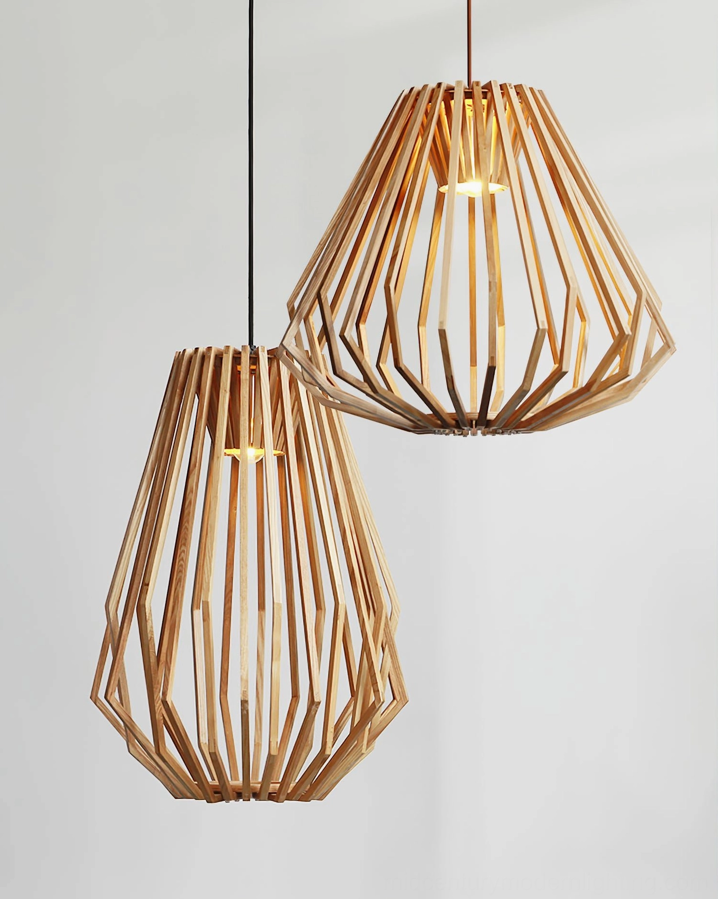 Wood slat cage pendant lamp featuring natural material warmth and sculptural geometric cage form