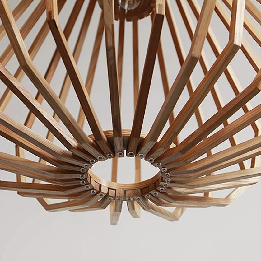 Wood slat pendant lamp with detailed view of geometric cage structure and natural wood grain variation