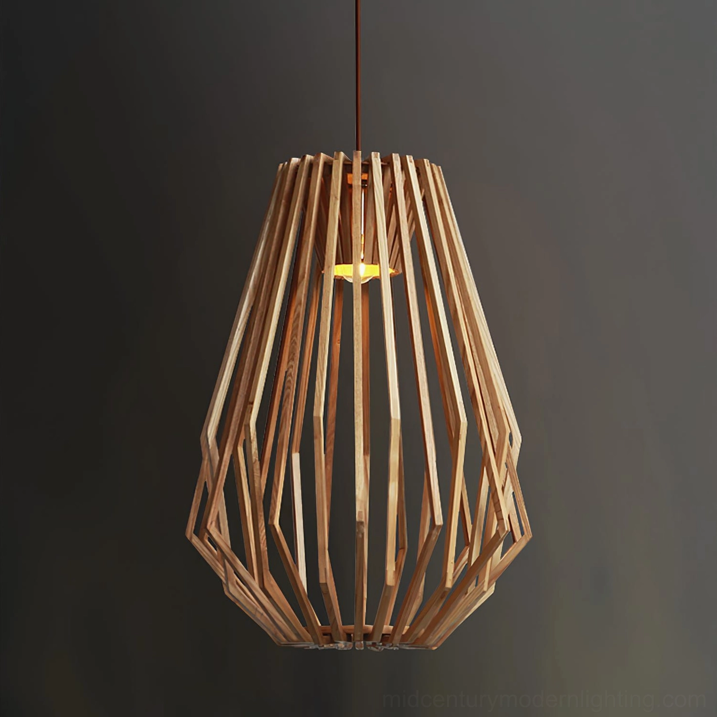 Illuminated wood slat cage pendant with warm LED lighting creating shadow patterns on dark gray background