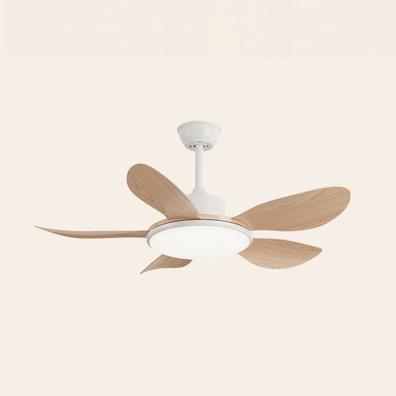 Organic modern ceiling fan light - wood color and white combination finish for warm contemporary spaces
