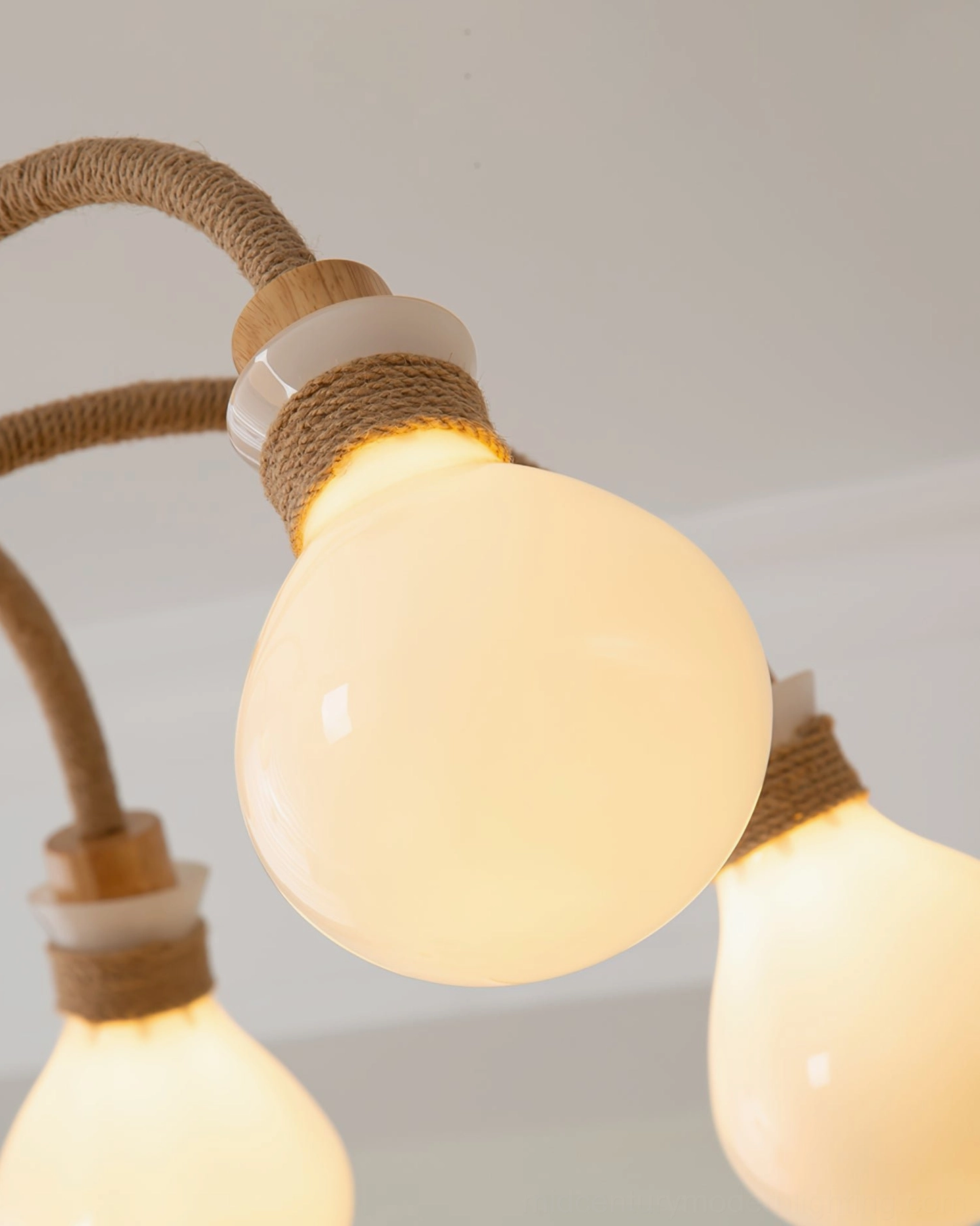 Close-up of frosted globe bulbs with wooden lamp sockets showing lighting quality and bulb detail