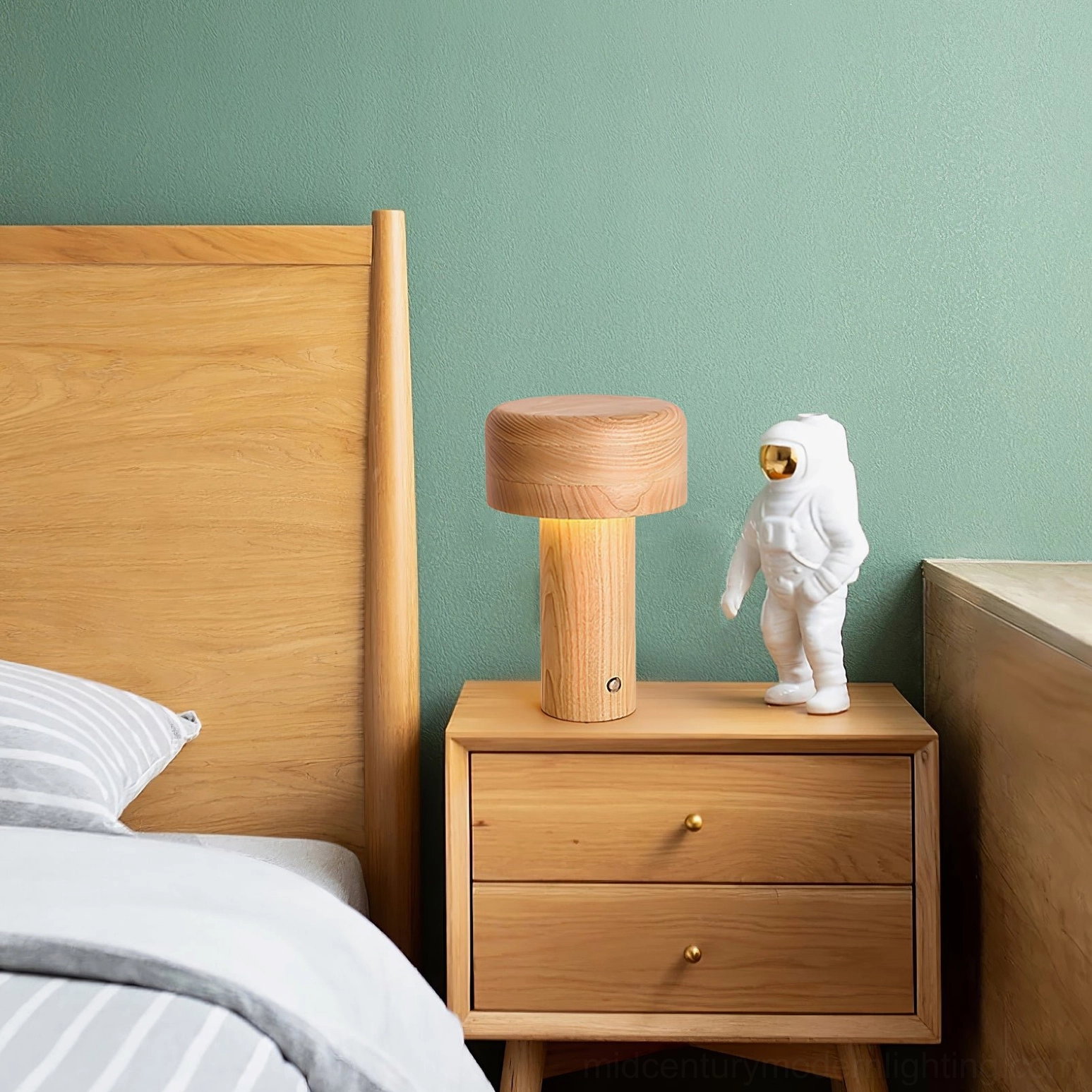 Close-up detail of ash wood mushroom lamp showing natural grain texture and craftsmanship