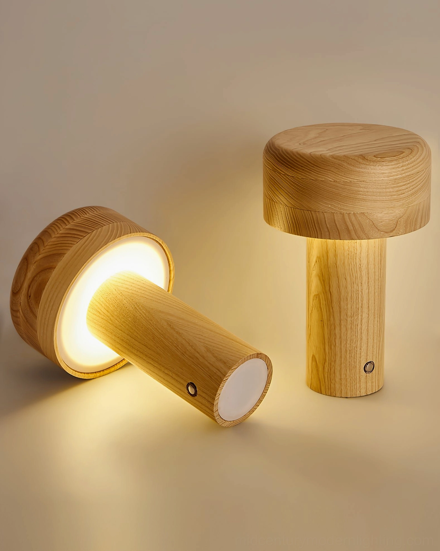 Wooden mushroom lamp creating atmospheric lighting alongside home decor and accessories