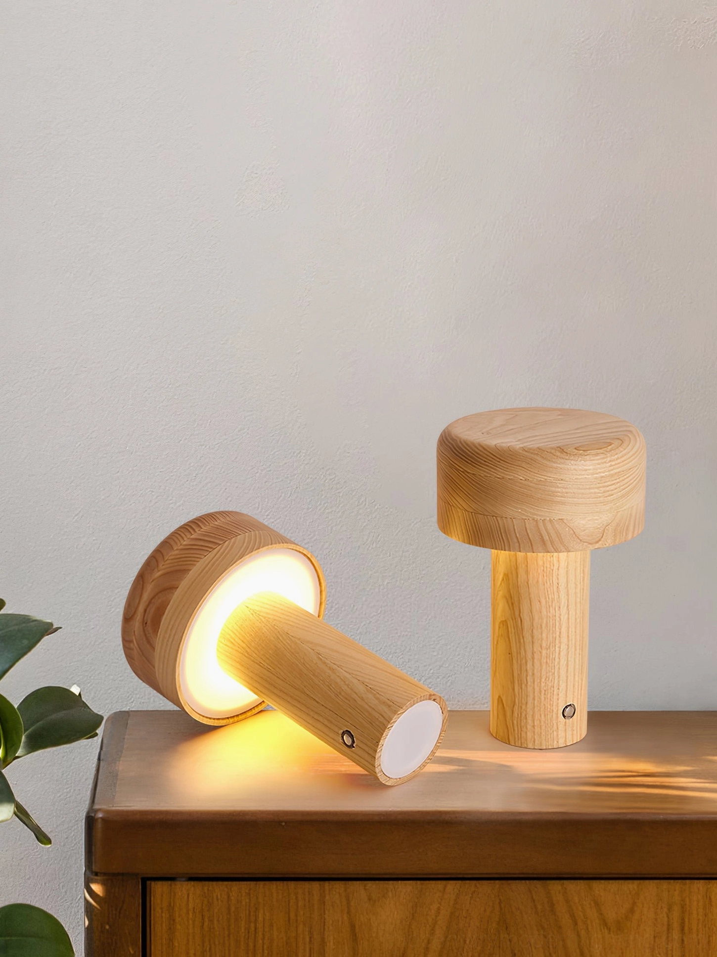 Minimalist mid-century modern wooden lamp in contemporary living room setting