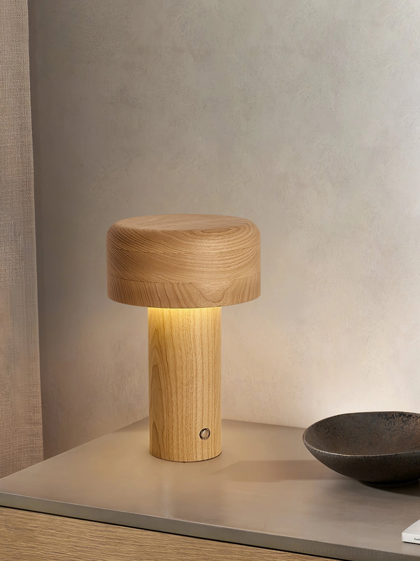 Ash wood cylindrical lamp in Scandinavian interior design with minimalist aesthetic