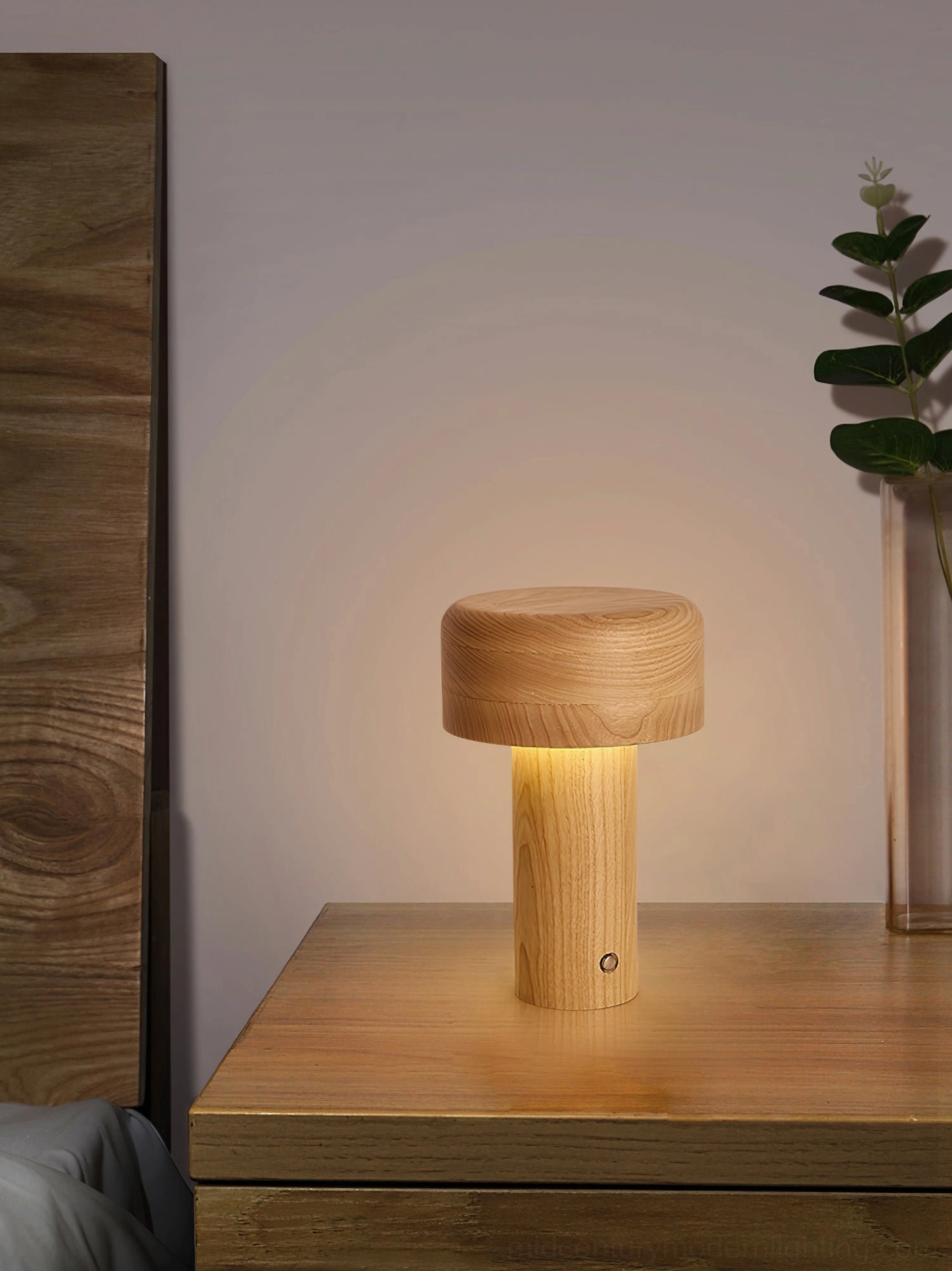 Ash wood table lamp touch switch demonstration on wooden pole for brightness control