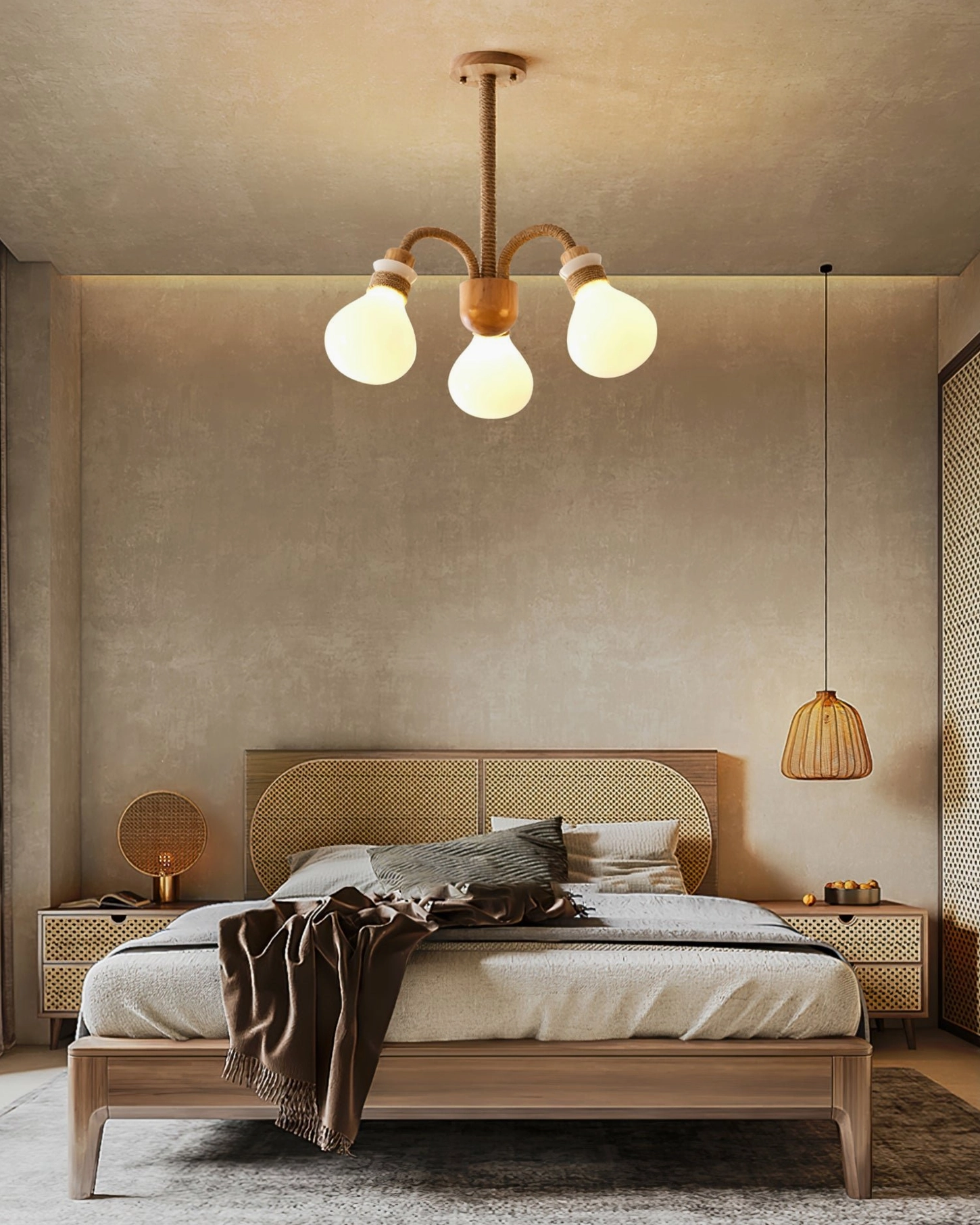 Full view of wooden rope chandelier with suspended hemp rope arms and frosted glass shades in residential setting