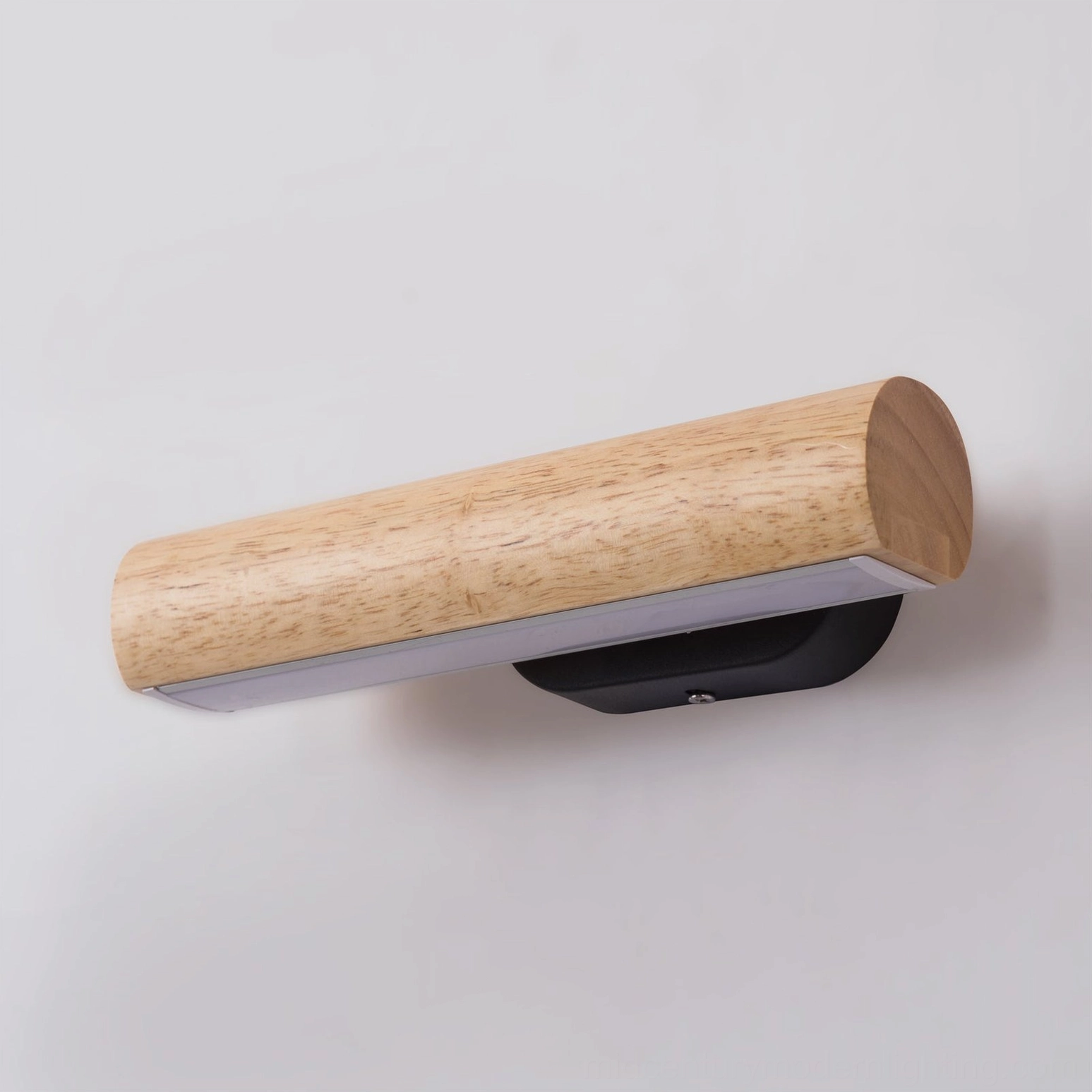 Horizontal wall-mounted wooden lamp with smooth rounded wood ends and hidden LED panel, side flat profile view