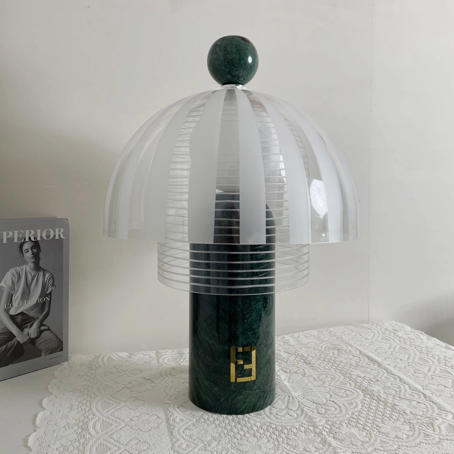 Yasuke modern green marble table lamp with clear frosted acrylic shade, professional product photograph