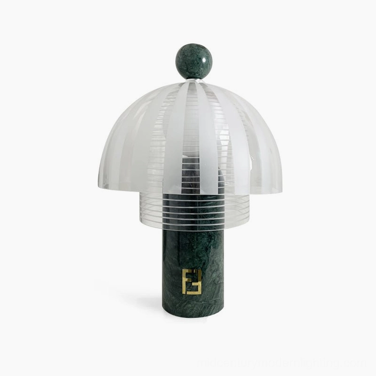 Yasuke green marble table lamp with frosted glass dome, complete product view showing design and proportions