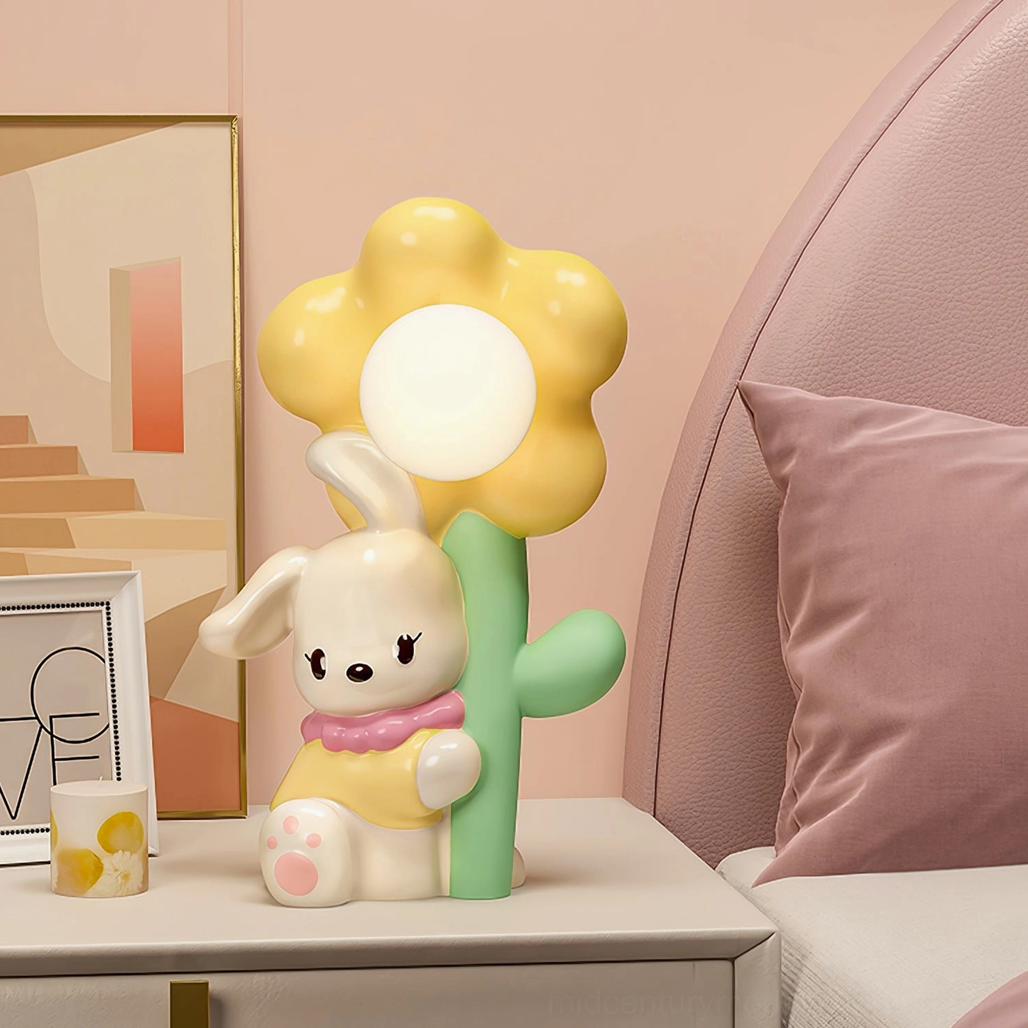 Yellow Bunny Flower Table Lamp three-quarter view on bedroom nightstand with yellow floral shade design