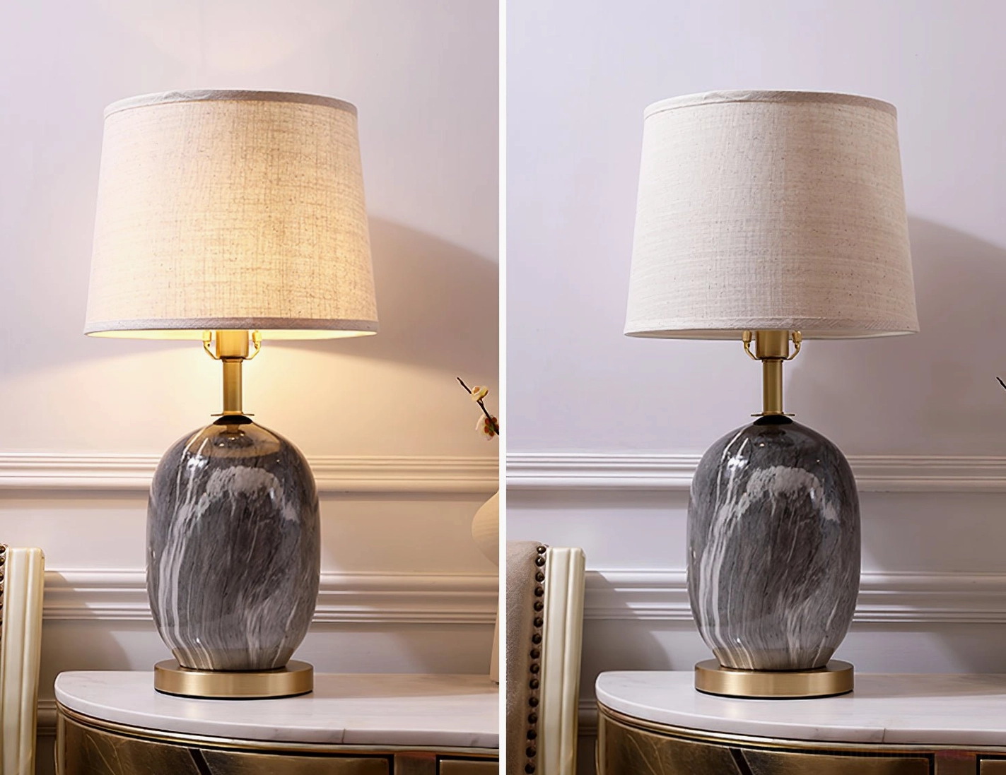 Matching pair of Yopal ceramic table lamps on side tables with wall trim background