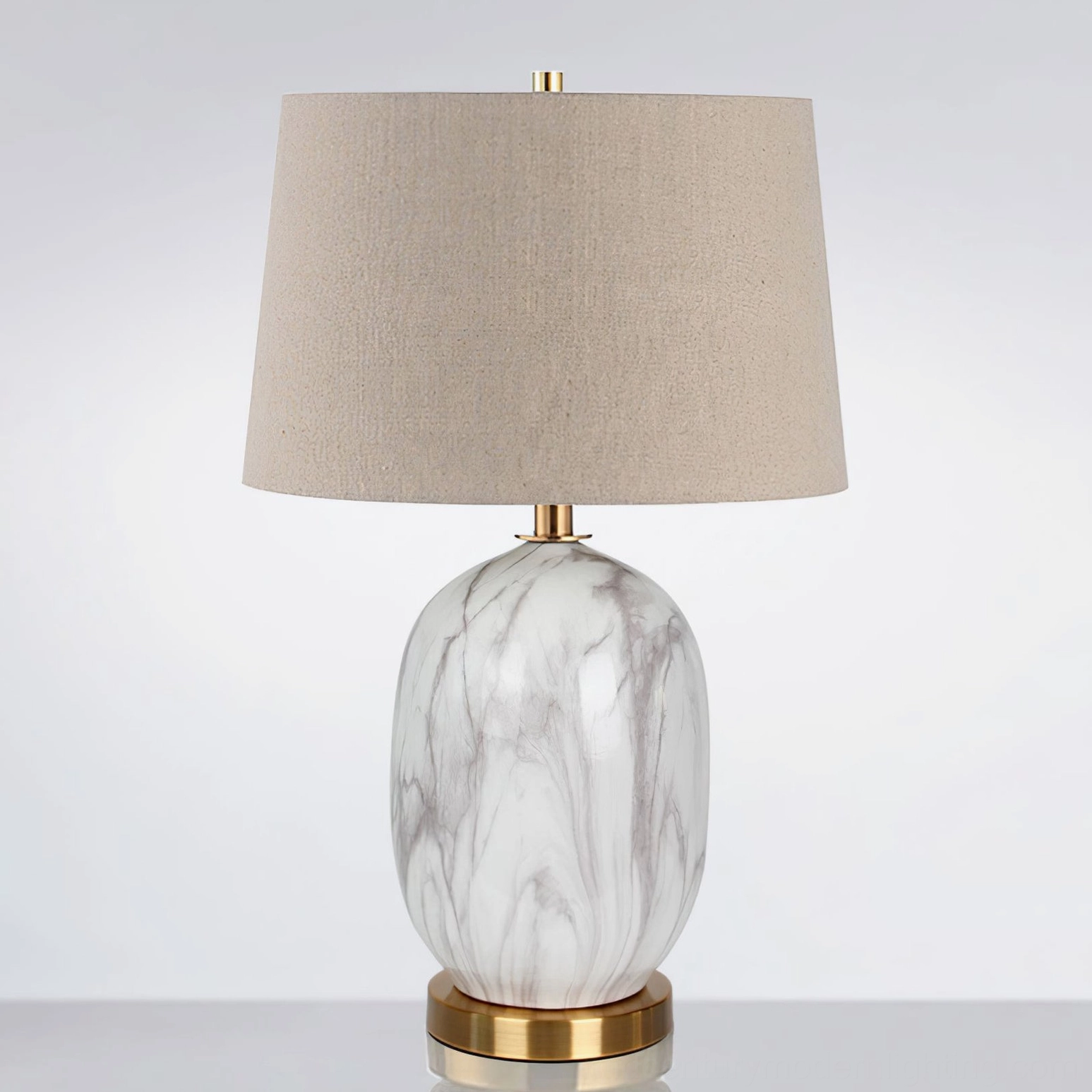 White Yopal marble table lamp with copper brass base, Scandinavian minimalist design