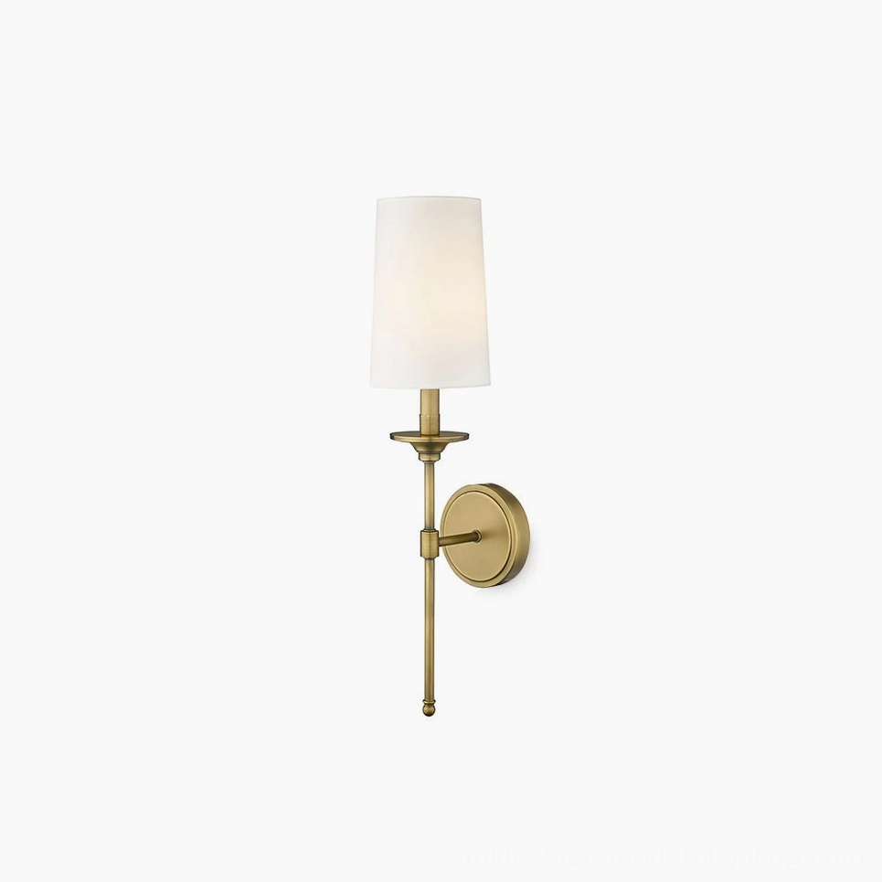 Antique brass mid-century modern wall sconce with white fabric shade, frontal product view