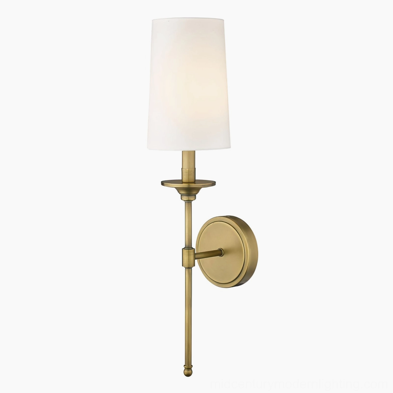 Sleek long stem brass wall sconce with ball finial and white shade