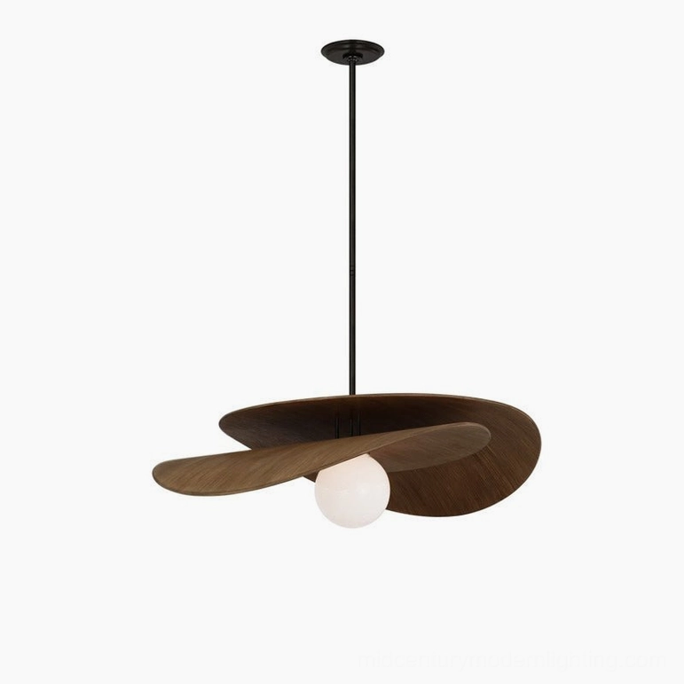 Zane pendant light in brass and walnut color option, complete fixture view showing modern organic form and proportions