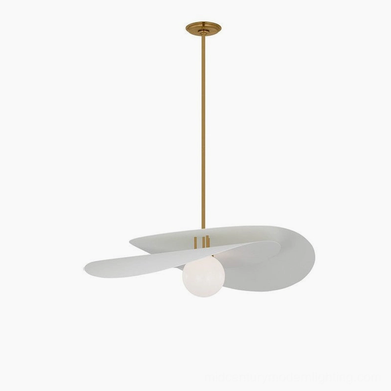 Zane pendant light in brass and white color option, complete fixture showing contemporary twist on mid-century form