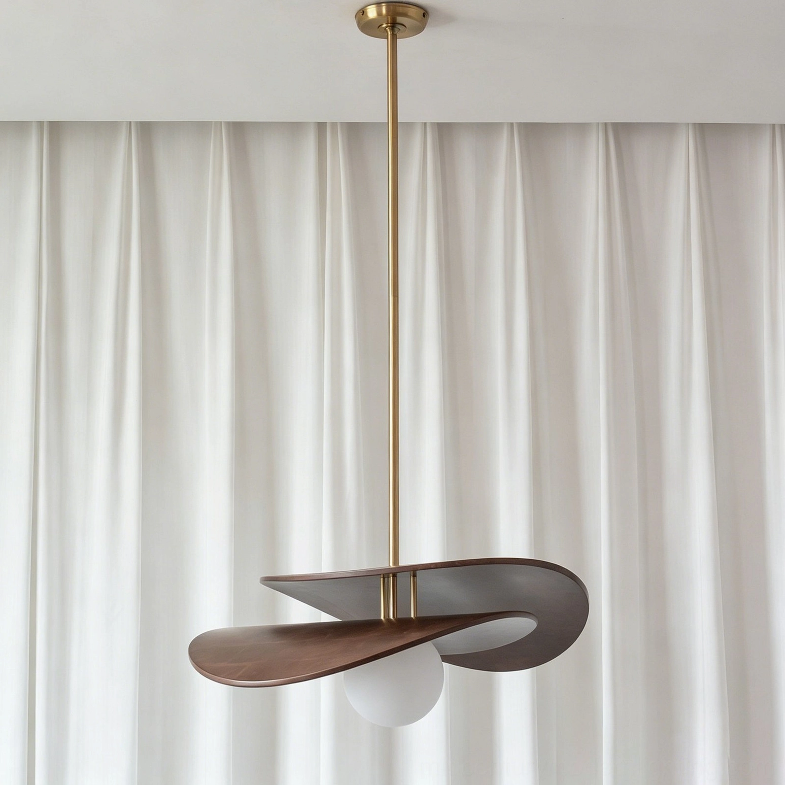 Full overhead view of Zane mid-century modern pendant light showing complete sculptural wooden form and proportions