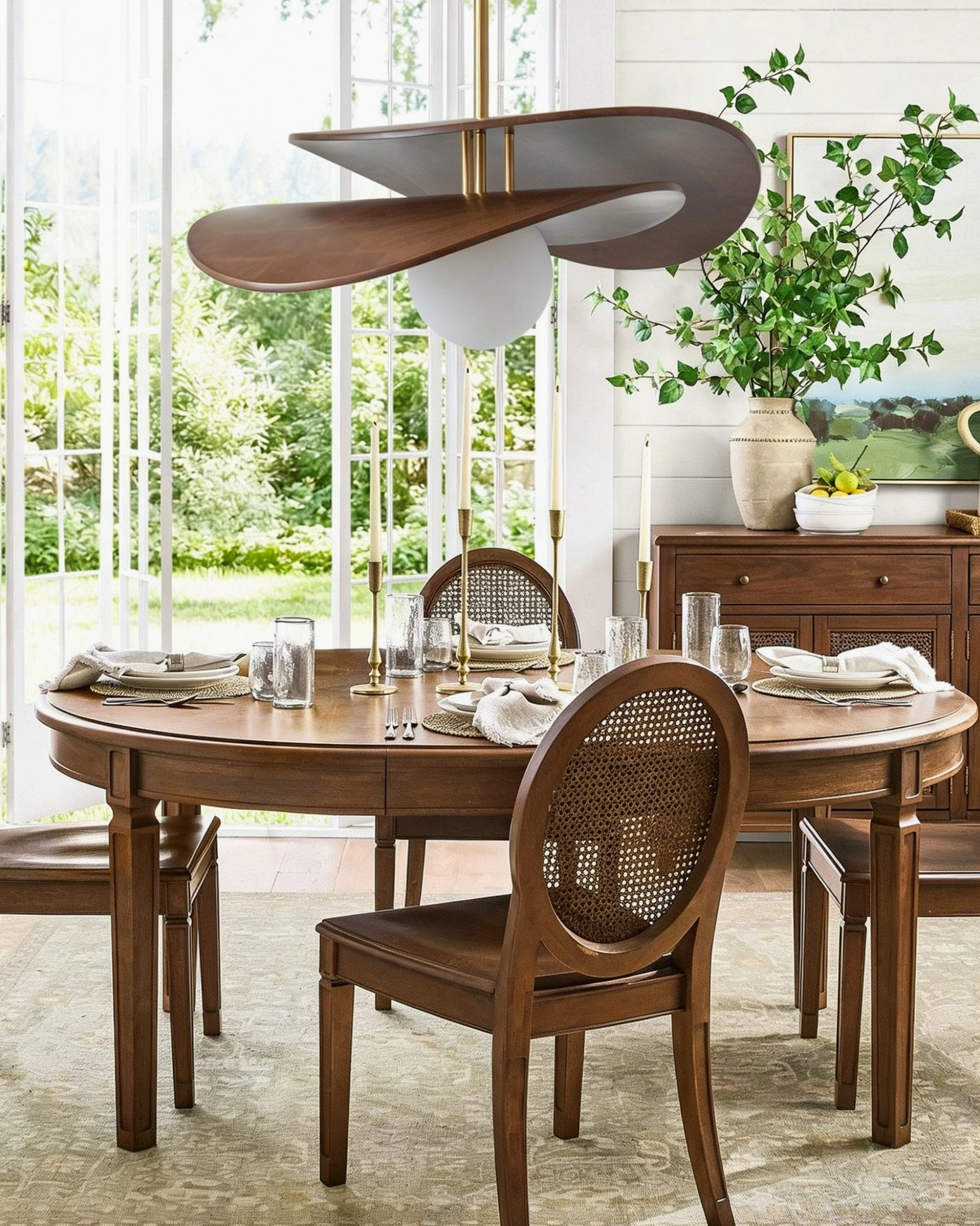 Zane walnut pendant light illuminated in rustic wooden dining room with mid-century modern furniture