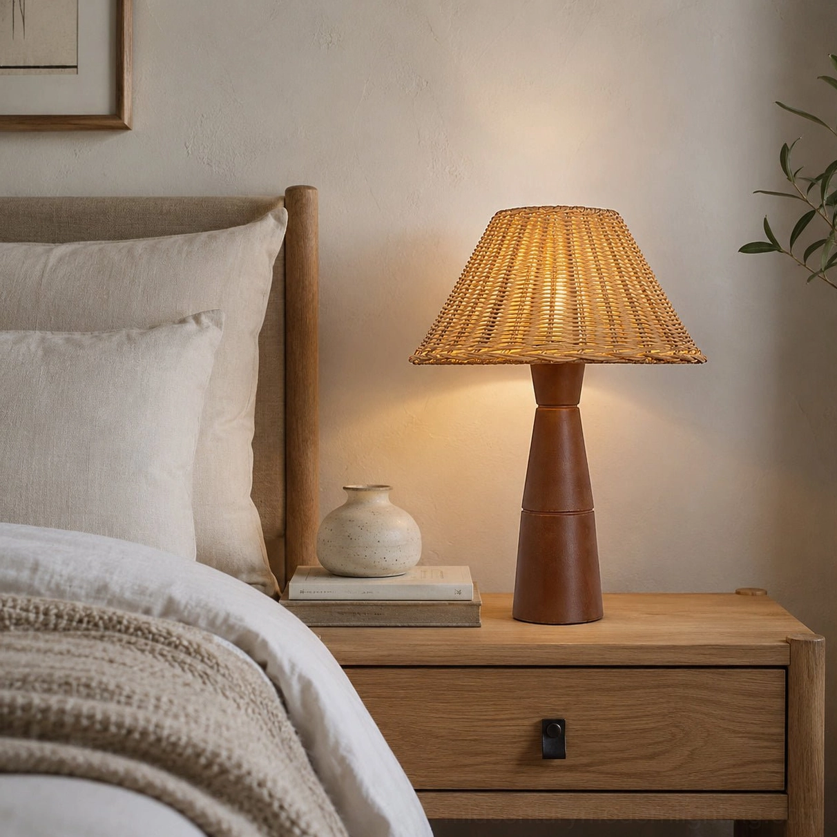 Zaya table lamp on bedroom nightstand with bedding and warm lighting, minimalist bedroom sanctuary aesthetic