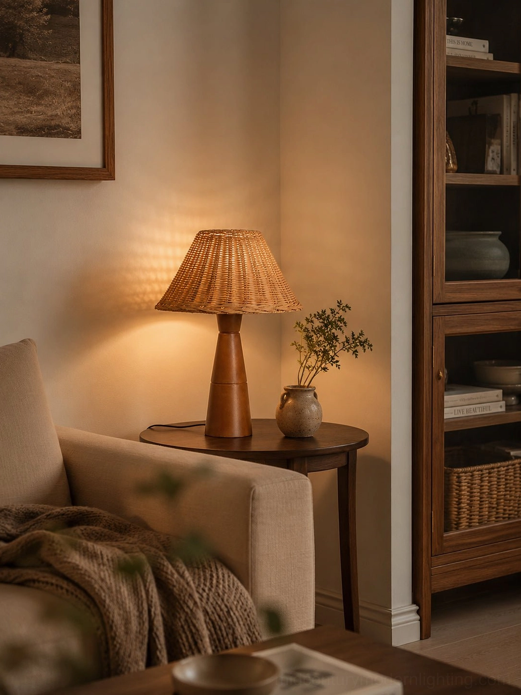 Zaya table lamp in small living room corner on side table, warm neutral home lounge style, intimate lighting