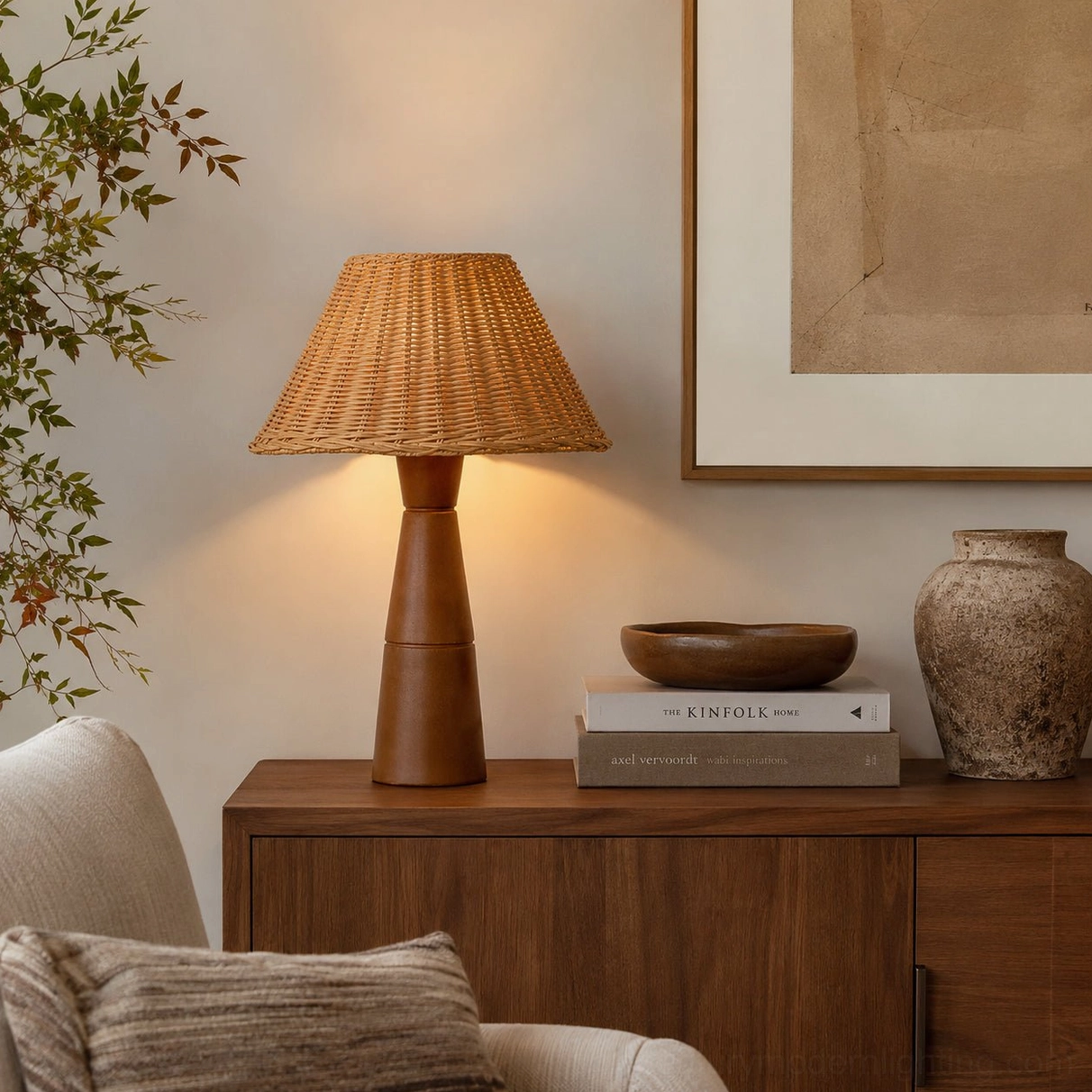 Zaya lamp beside living room wooden storage cabinet with pottery vessels and stacked books, collected aesthetic