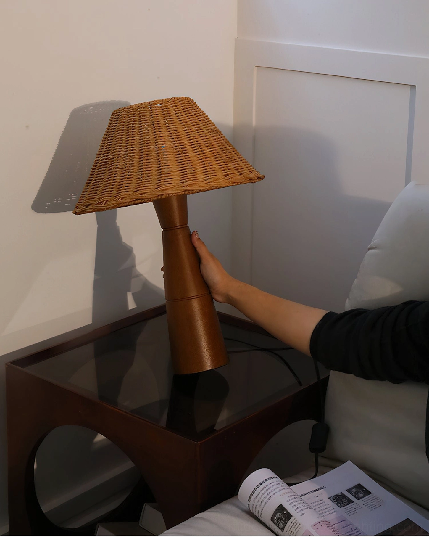 Zaya walnut wood base tapered form with warm brown finish, architectural lamp base design detail