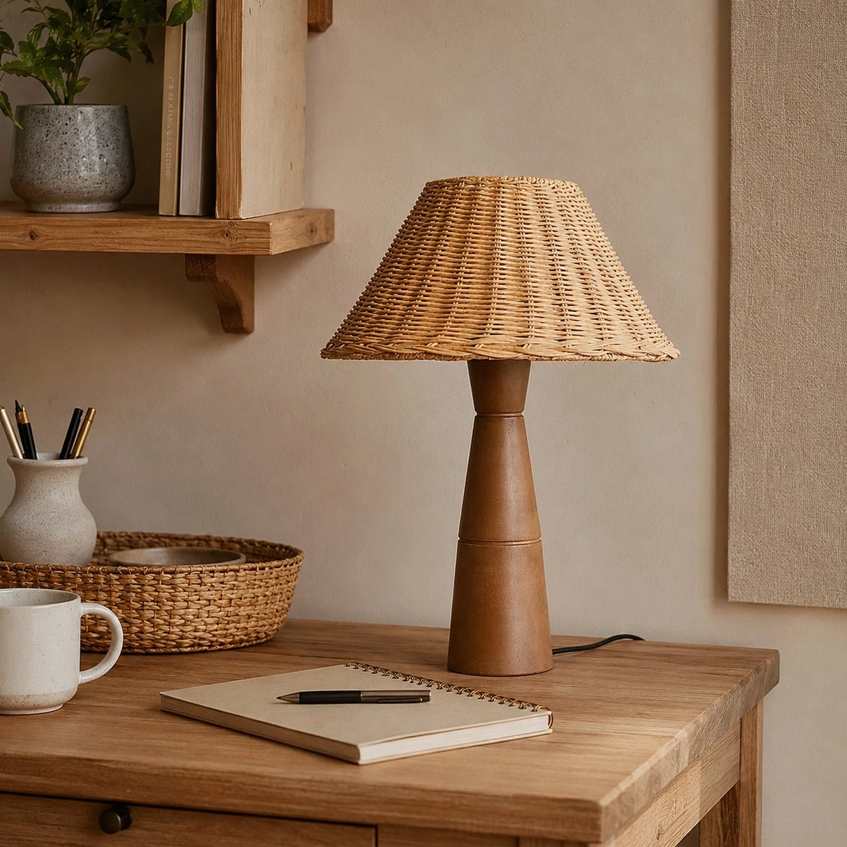 Zaya table lamp on wooden desk workspace with ornaments and tabletop accessories, warm minimalist office aesthetic