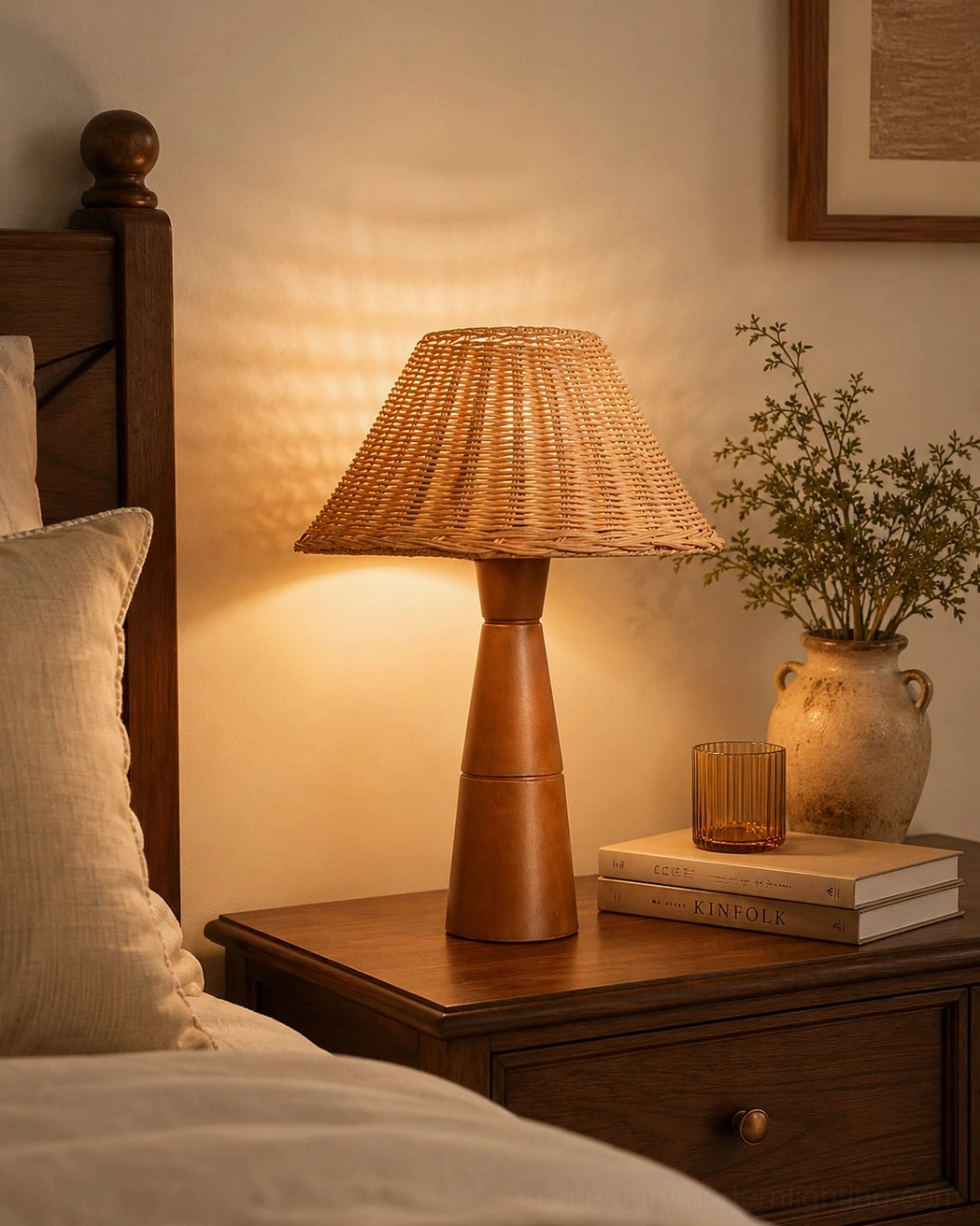 Zaya rattan lamp on bedroom nightstand beside wooden bed frame with potted plants and books, restful bedroom setting