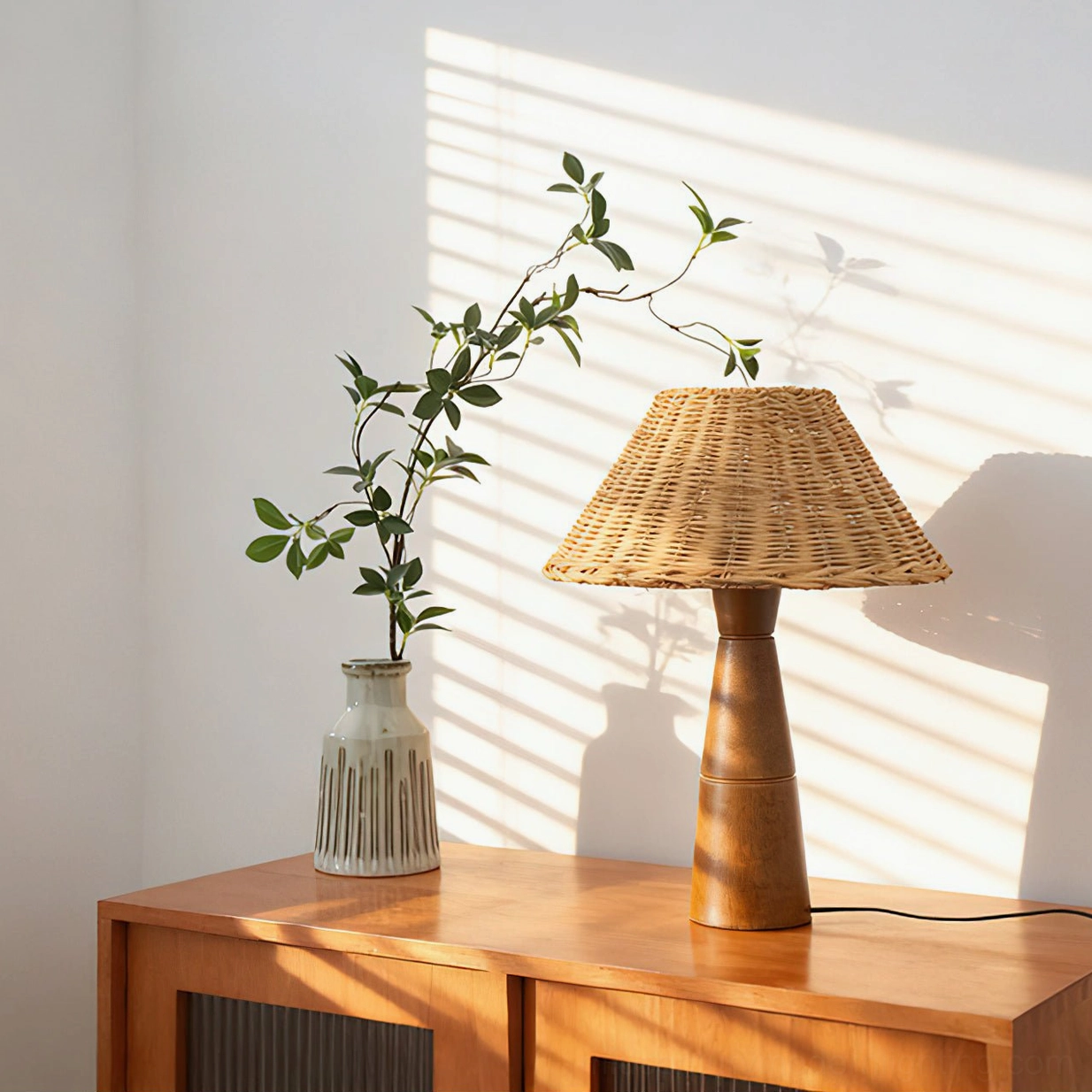 Zaya rattan lamp full view illuminated, warm white light casting through natural rattan weave