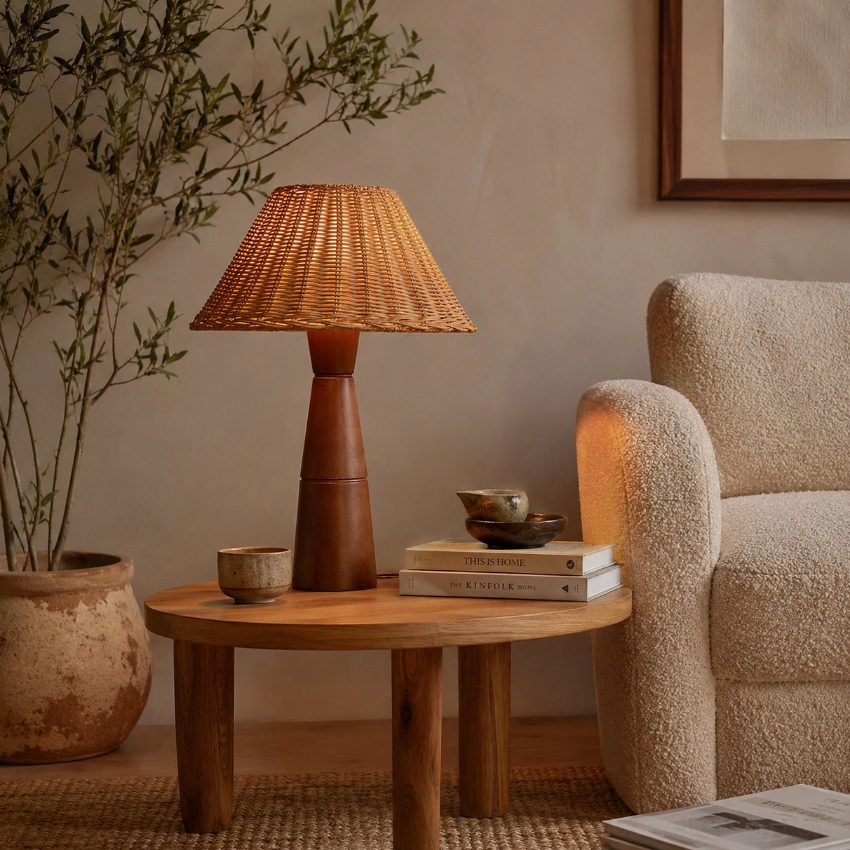 Zaya rattan table lamp on living room side table in warm neutral boho interior, cozy ambient lighting
