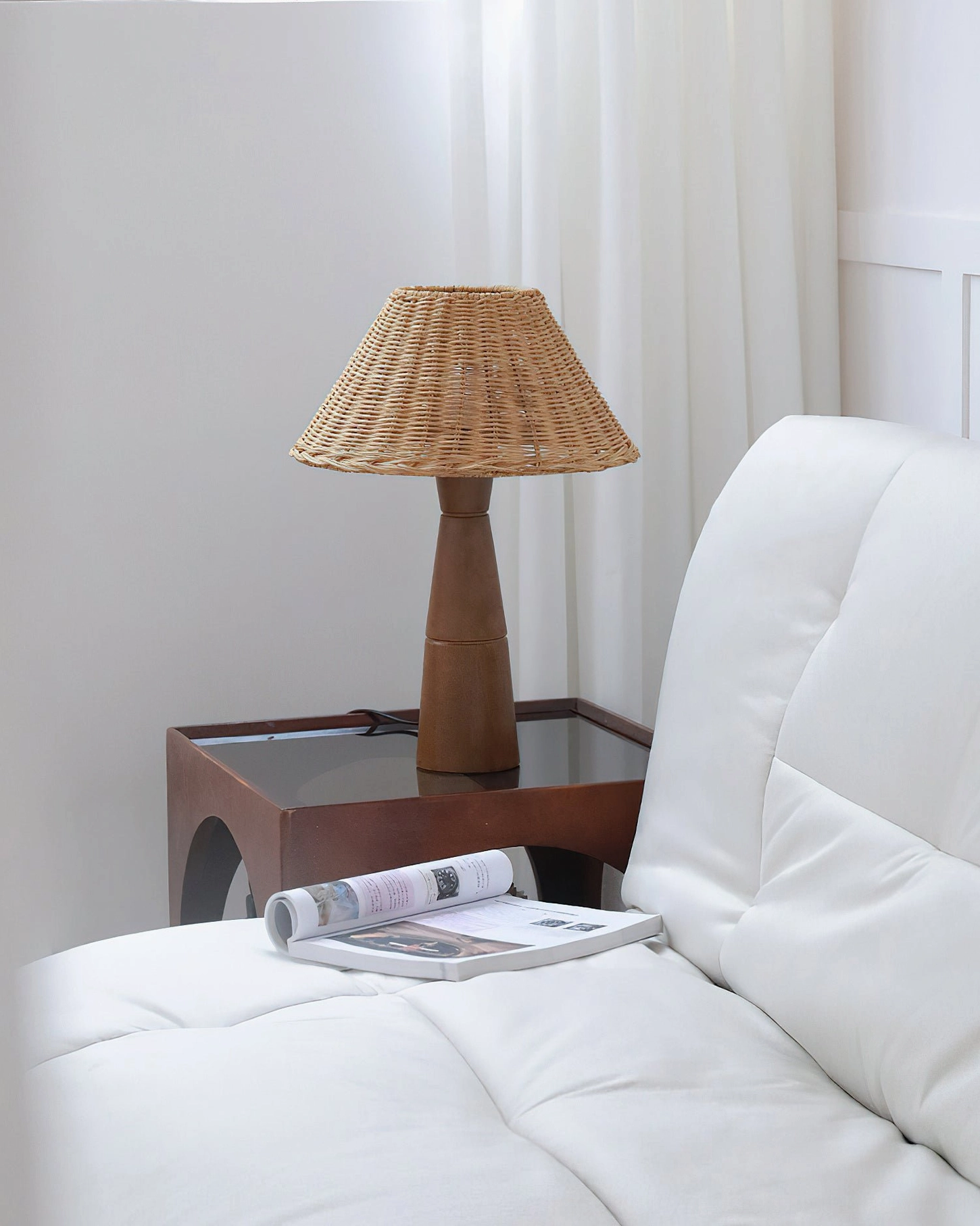 Zaya rattan table lamp side profile view showing cone shade geometry and base proportions