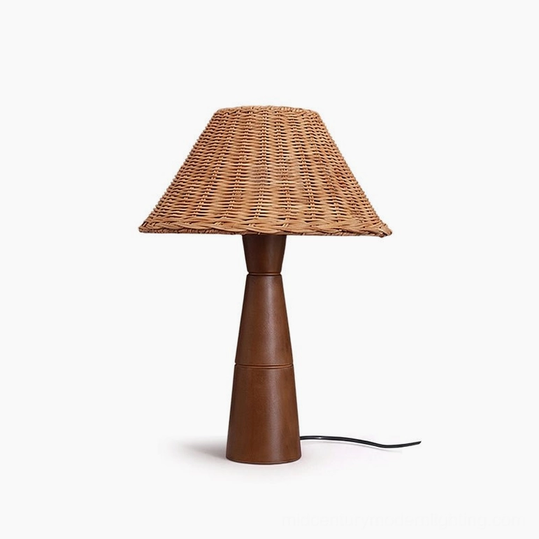 Zaya rattan table lamp with natural rattan shade and walnut wood base, front display view