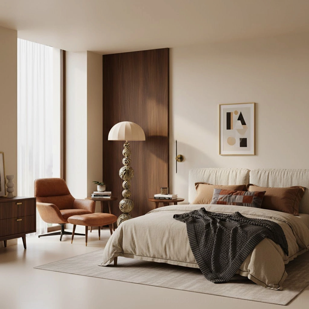 Mid-century modern zebra floor lamp beside contemporary bedroom lounge set creating cozy atmosphere