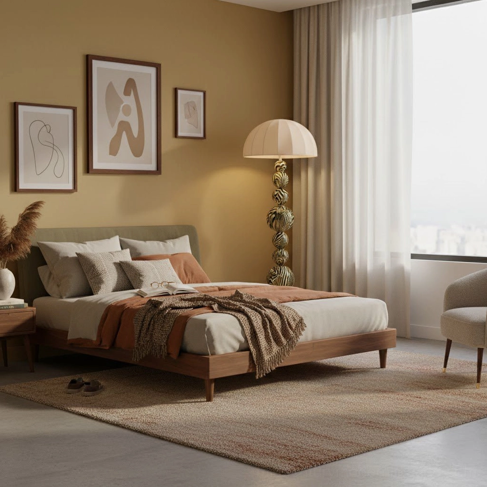 Zebra patterned floor lamp providing ambient lighting in warm-toned master bedroom with wall art