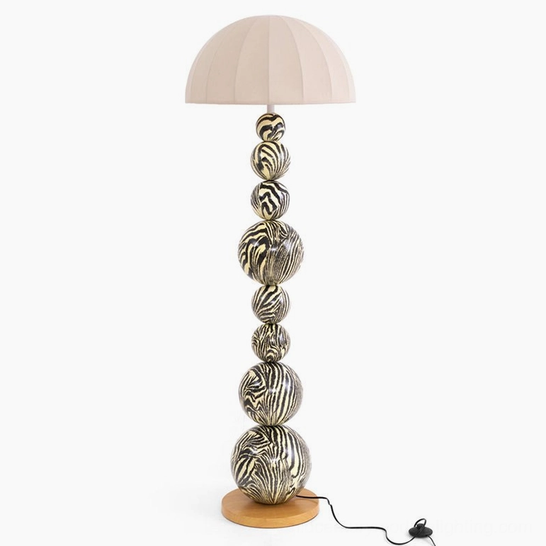 Zebra floor lamp complete view featuring black and natural wood finish with cream shade