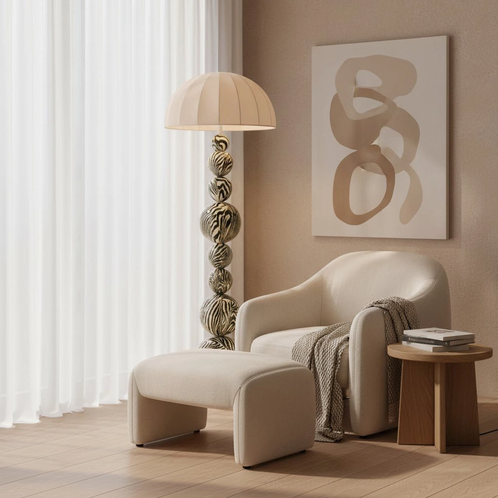 Artistic zebra floor lamp creating warm light in cozy minimalist living room with wabi-sabi aesthetic