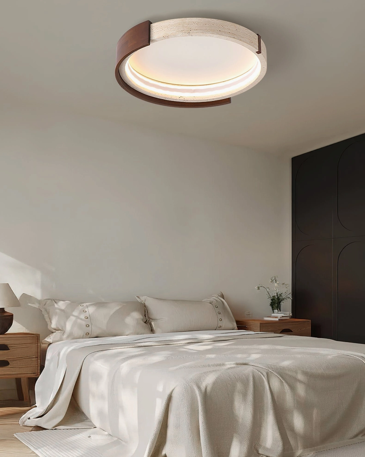 Zenova ceiling light mounted on bedroom ceiling with dark wardrobe and nightstands neutral tone modern interior