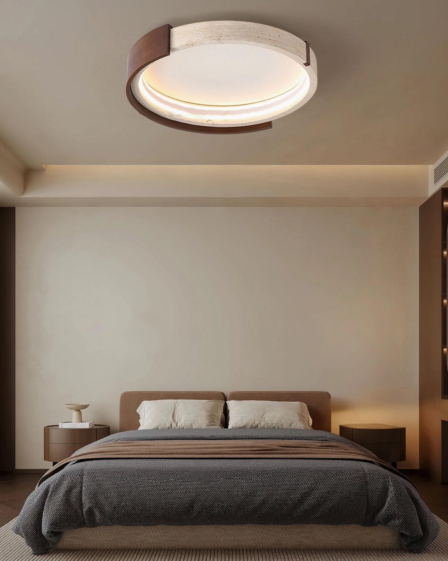 Zenova ceiling light in minimalist bedroom with dark grey bedding warm neutral modern interior design