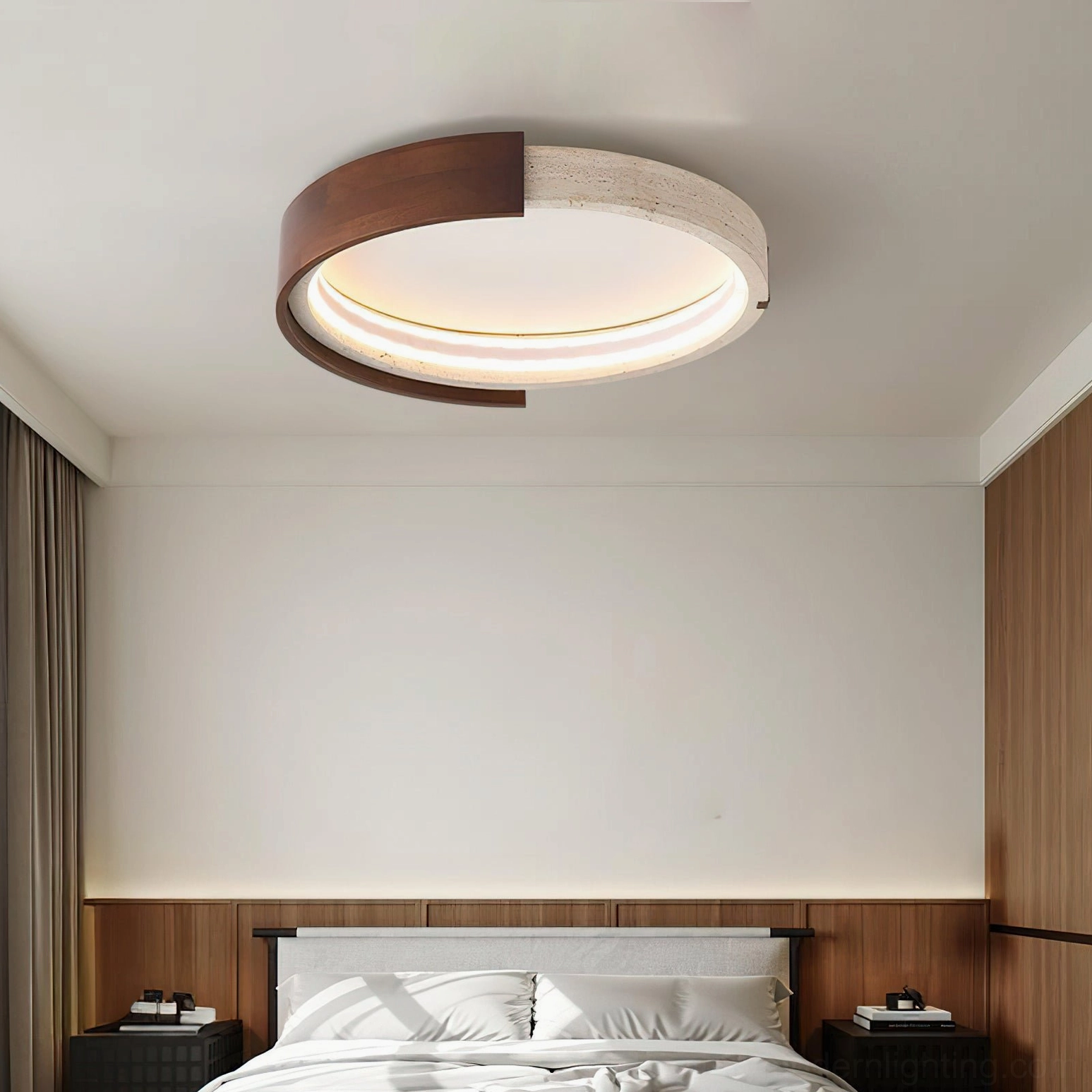 Zenova ceiling light mounted in modern master bedroom with warm minimalist neutral wood panel wall interior
