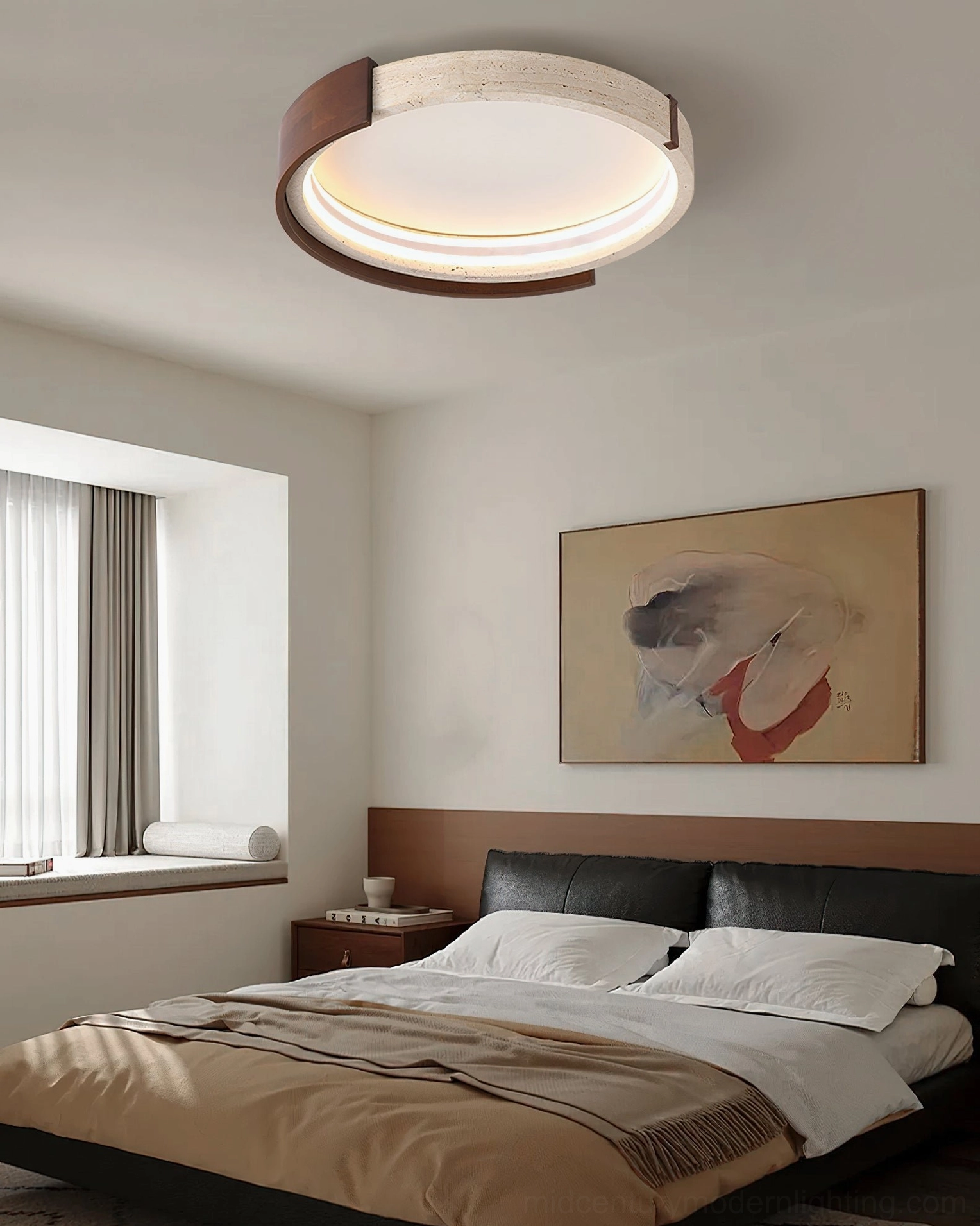 Zenova ceiling light in bedroom with wall artwork dark bed frame matching warm tonal interior scheme