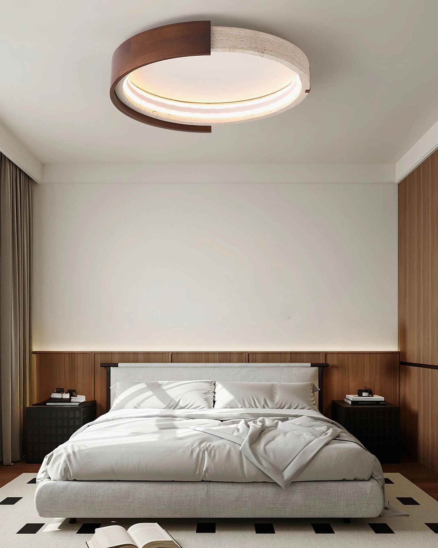 Zenova travertine wood ceiling light in cozy bedroom with checkered area rug and warm minimalist decor